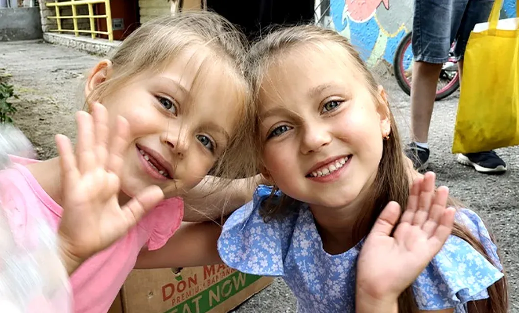 Refugee children from frontline towns reduced to rubble by Russian bombardment.