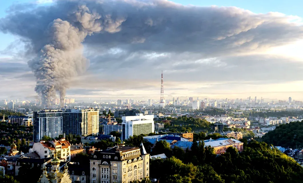 A column of smoke rises over Kyiv after Russia struck the city centre with a supersonic missile.